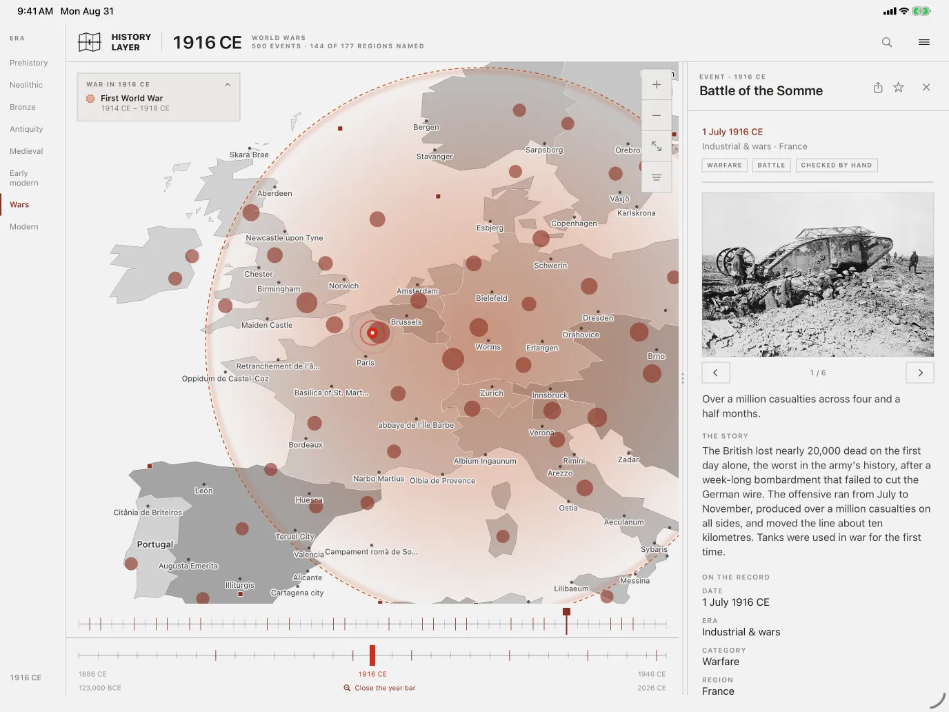 The app on iPad: the era list on the left, the map of Europe in 1916 in the middle, and the Battle of the Somme open in a column on the right.