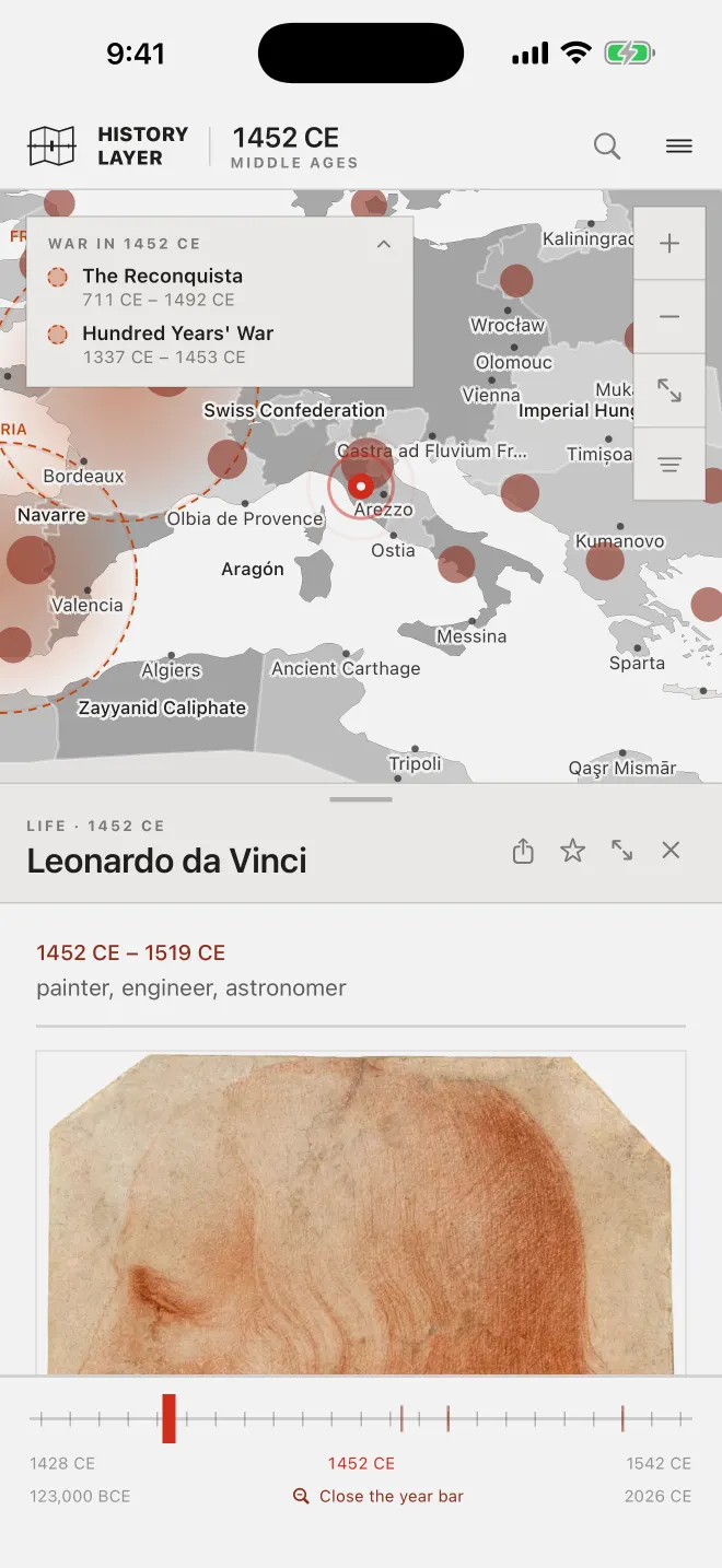 The app on iPhone with Leonardo da Vinci open: 1452 to 1519, his roles and a portrait, with the fine year bar set around his life.