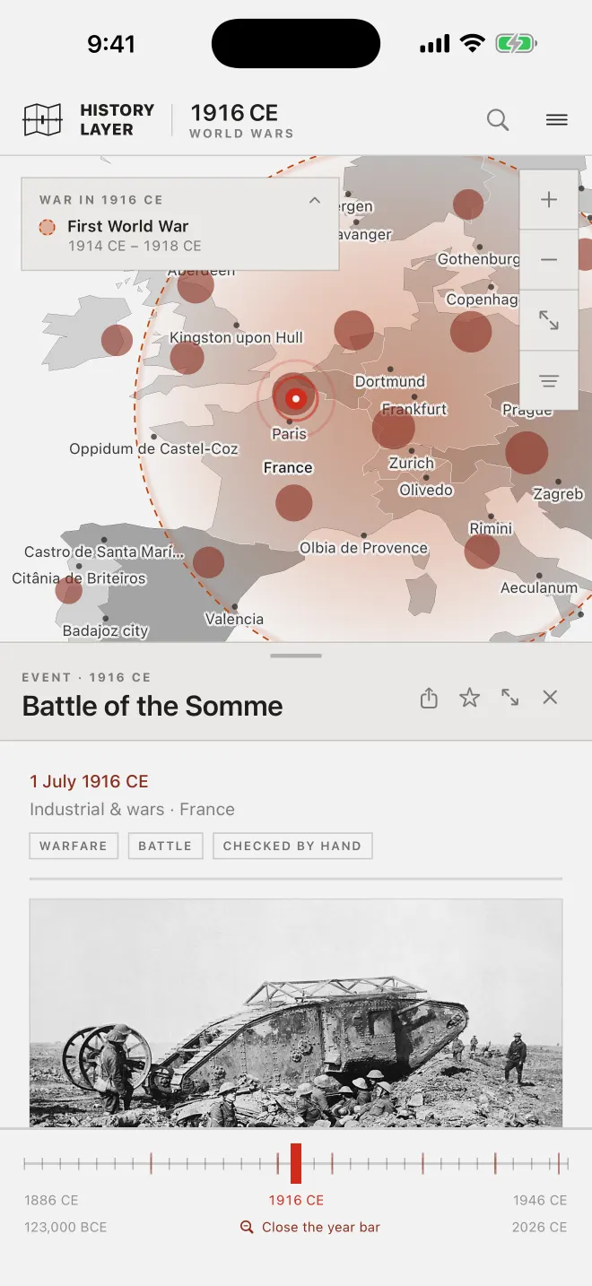The app on iPhone with the Battle of the Somme open: its date, era, place and a photograph, over the map of 1916.